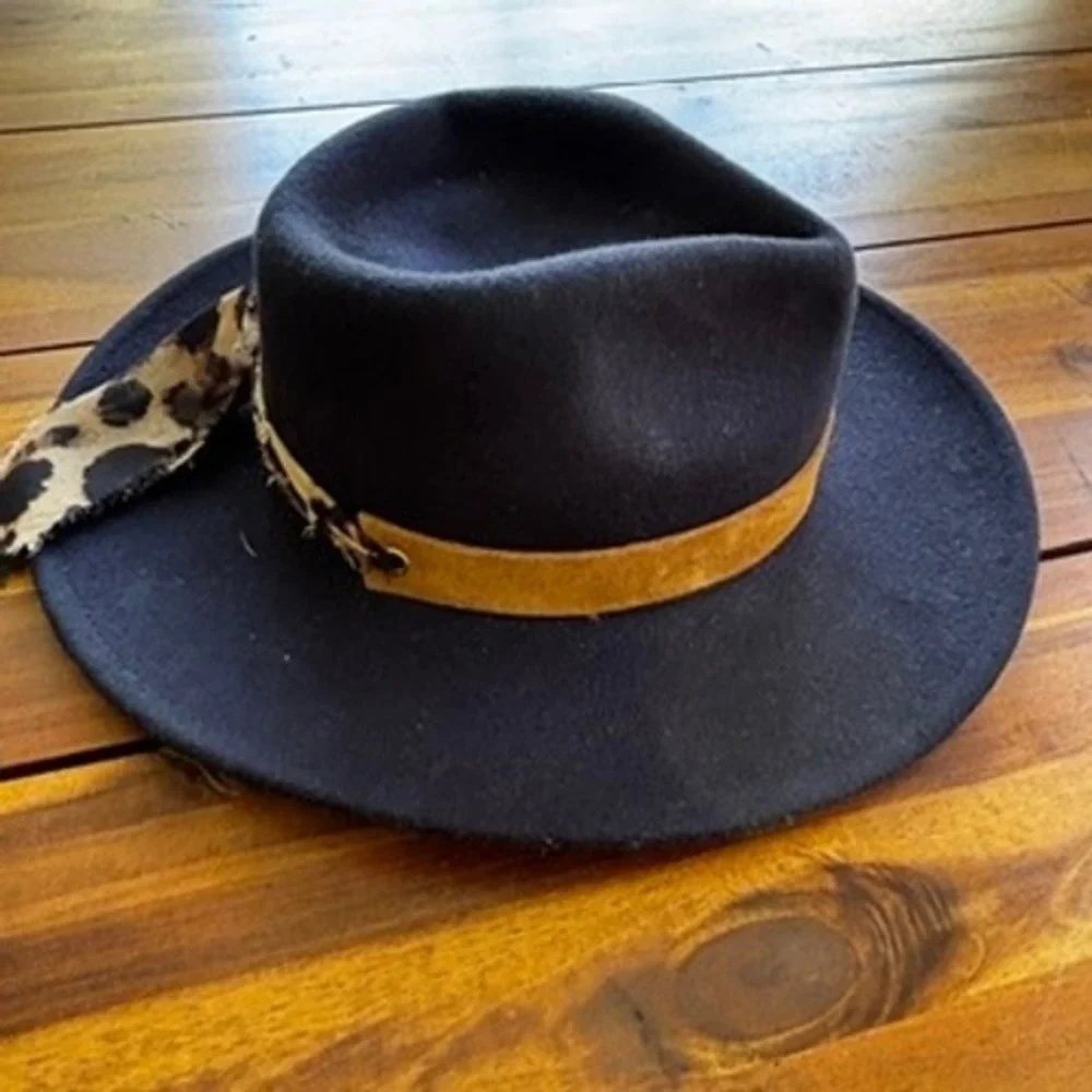 Wyeth Navy Wool Rancher Fedora Hat Concho Leopard Band‎ Boho Western